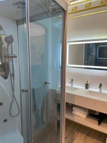 a bathroom with a shower and a sink and a mirror at Chambre Familiale Maison de L'Église du Couvent in Narbonne