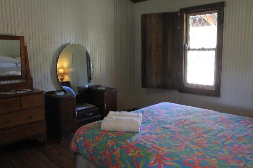 - une chambre avec un lit, une commode et un miroir dans l'établissement Lovedale Cottages Hunter Valley, à Lovedale