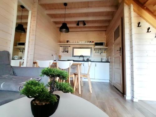 a kitchen and living room in a tiny house at LABALAND in Gąski