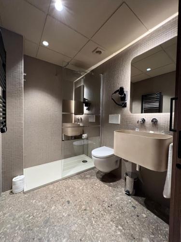 a bathroom with a sink and a toilet and a mirror at CIM HOTEL BOUTIQUE in Puigcerdà
