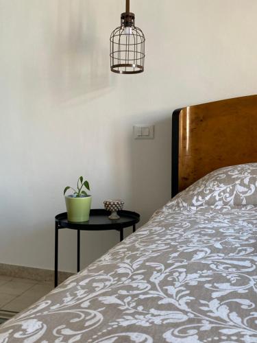 een slaapkamer met een bed en een potplant op een tafel bij Il gallo di Eracle - Charming suites & rooms in Termini Imerese