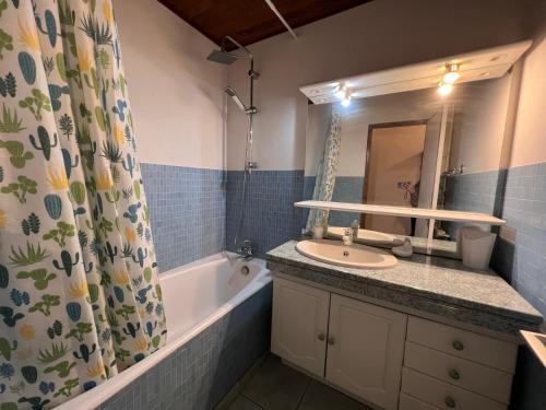 une salle de bain avec un lavabo, une baignoire et un miroir dans l'établissement ELAN 15 appartement 6 pers, centre village, à La Clusaz