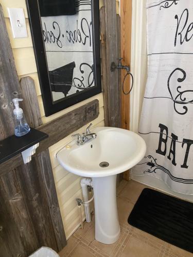 y baño con lavabo blanco y espejo. en Acorn Hideaways Canton Cozy Frontier Rm for 3 Full Bathtub, en Canton