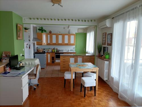 uma cozinha com uma mesa e uma cozinha com paredes verdes em Charmant 3 pièces 10 min de Lyon em Villeurbanne