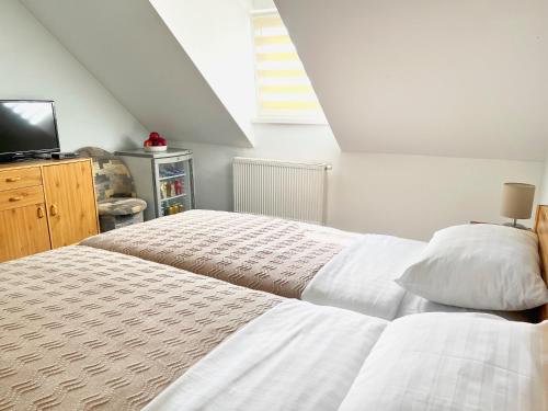 a bedroom with two beds and a flat screen tv at Hotel Marislav in Češnovice