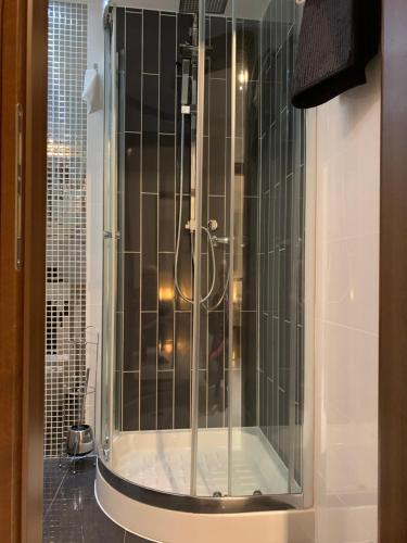 a shower with a glass door in a bathroom at Puntižela-Patty in Pula