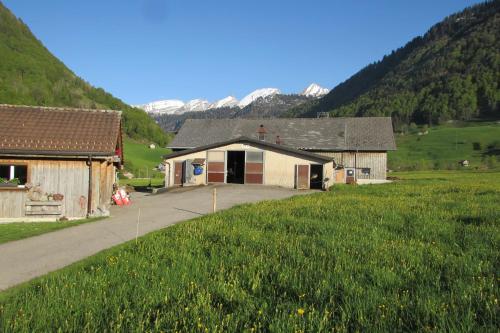 a couple of buildings in a field with mountains at Wies in Stein