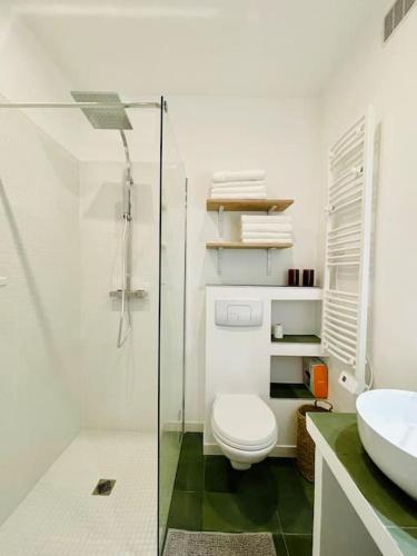 une salle de bain avec une douche, des toilettes et un lavabo dans l'établissement LA MOUNINE - Hyper centre - 37m2 - 4 pers, à Cassis