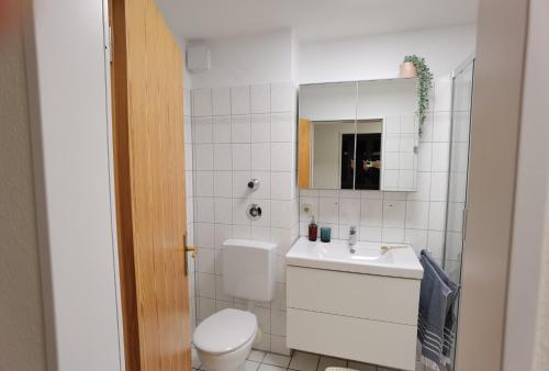 La salle de bains est pourvue de toilettes, d'un lavabo et d'un miroir. dans l'établissement Schaake Schillig Strandnähe, à Schillig