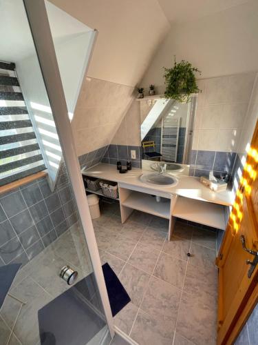 a bathroom with a sink and a mirror at Gîte Pressoir Armand in Saint-Gâtien-des-Bois