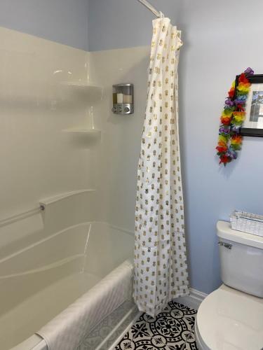 a bathroom with a shower curtain next to a toilet at Seabank House Bed and Breakfast Aloha in Pictou