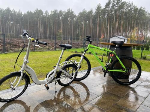 twee fietsen geparkeerd naast elkaar in de regen bij Luxoro Park Apartament Nero in Ustka