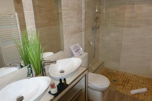 y baño con lavabo, aseo y ducha. en Mini villa T3 climatisée, vue mer, cosy & moderne, en Olmeto