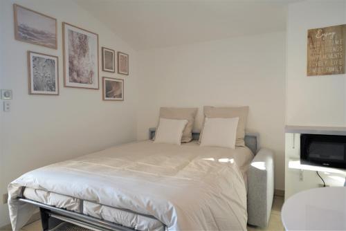柯盧塞爾的住宿－STUDIO dernier étage avec terrasse - vue montagne，一间卧室配有一张带白色床单的床和一台电视。