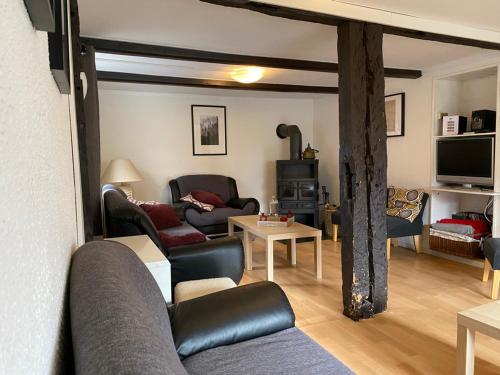 a living room with a couch and chairs and a tv at Haus Bornstein in Olsberg