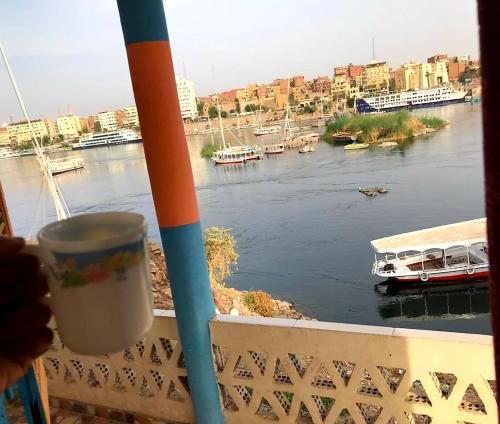 a drink on a balcony with a view of a river at NiLe ViEW RANA NUbian Guest HOUES in Aswan