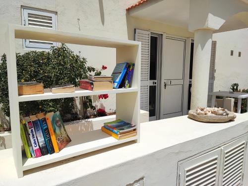 a book shelf with books on it next to a house at Casa Djarmai Boutique Apartments in Vila do Maio
