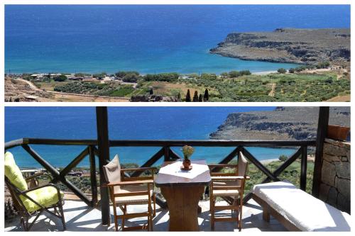 two pictures of a table and chairs on a balcony at Katerina Apartments in Káto Zákros