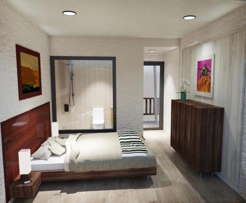ein Schlafzimmer mit einem Bett und einem großen Spiegel in der Unterkunft Ta Van Family Homestay in Sa Pa