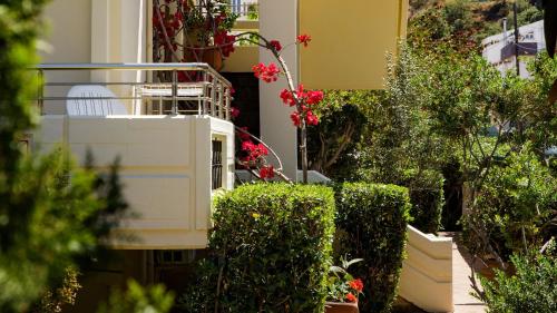 a garden with bushes and flowers next to a building at Lefka Apartments in Parigoría