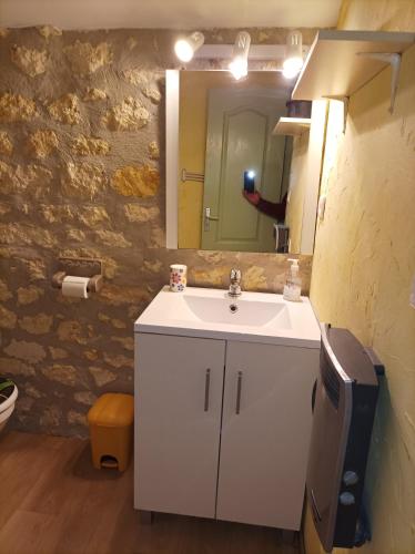 une salle de bain avec un lavabo blanc et un miroir dans l'établissement Logis de Chalons à la mer, à Le Gua