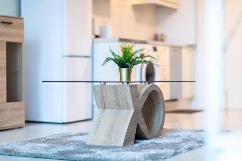 a table with a potted plant on top of a table at Oshun Madrid Norte LOFTS & MIDSTAY in Madrid