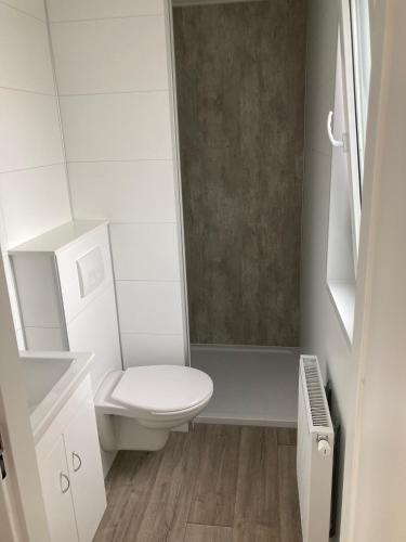 a white bathroom with a toilet and a shower at Vakantiecentrum De Ullingse Bergen in Sint Anthonis