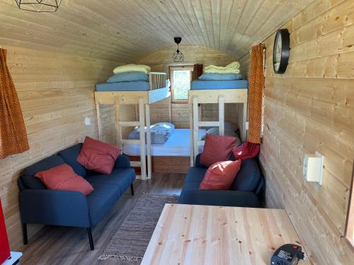 ein Zimmer mit 2 Betten und 2 Sofas in einem winzigen Haus in der Unterkunft Pipowagen voor 4 personen in Diever