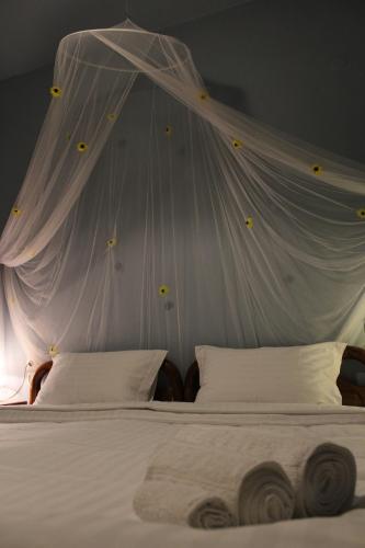 a bed with a white canopy and white pillows at Centaurs View in Portariá