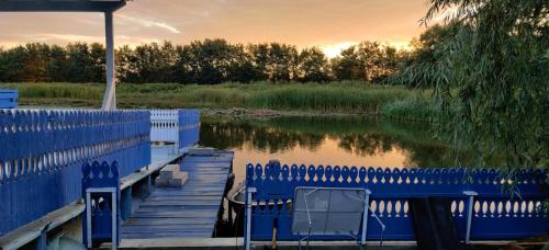 a dock with a blue fence next to a body of water at Wild Carp in Dunavăţu de Jos