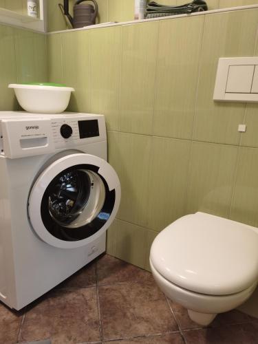 a bathroom with a washing machine and a toilet at BALCON Apartments in Bled