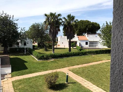 a view of a yard with palm trees and houses at Óasis - Pedras D' El Rei T0 in Santa Luzia