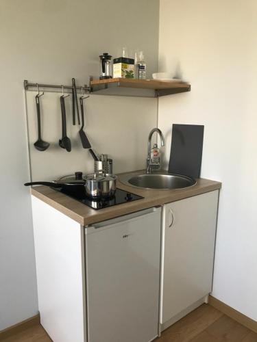 a small kitchen with a sink and a stove at Pepleri Studio 20 in Tartu