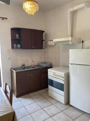 a kitchen with a white stove and a refrigerator at Fabrica apartments in Apeiranthos