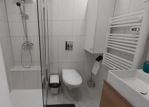 une salle de bain avec une douche, des toilettes et un lavabo dans l'établissement Appartement terrasse vue mer, plage gorguette à 1 minute à pied, wifi,clim parking collectif, à Sanary-sur-Mer