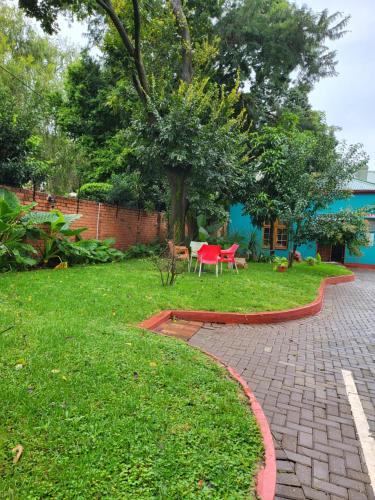 a brick walkway in a yard with a table and a tree at G On M Guest House in Pretoria