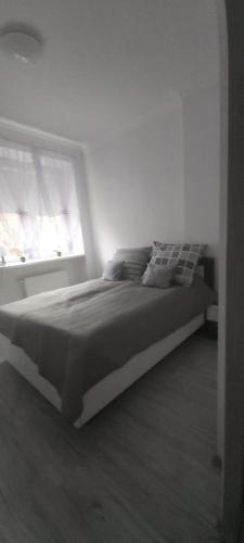 a bed in a white room with a window at apartament u Eli in Stronie Śląskie