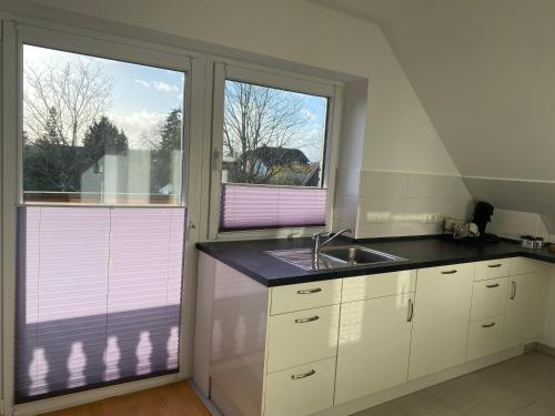 a kitchen with white cabinets and a sink and two windows at Ferienwohnung am Plöner See in Ascheberg