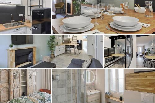 a collage of photos of a kitchen and a living room at Centre-ville - Fibre - Netflix - T2 L'ISAC in Blain