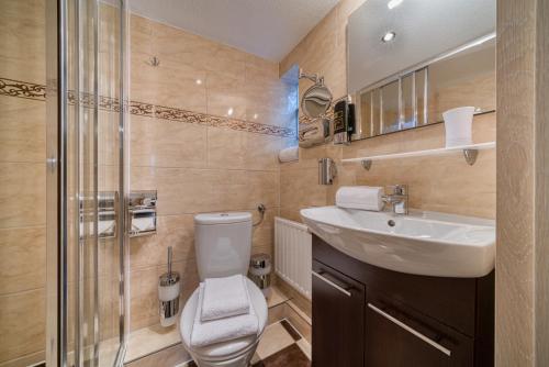 a bathroom with a toilet and a sink at Hotel Am Fischmarkt in Stade