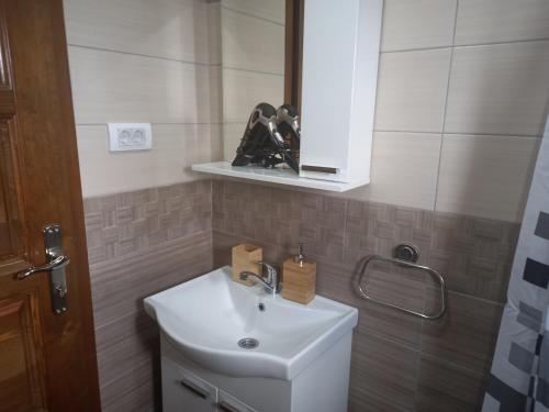 bagno con lavandino bianco e specchio di Mašine kolibe a Kaludjerske Bare