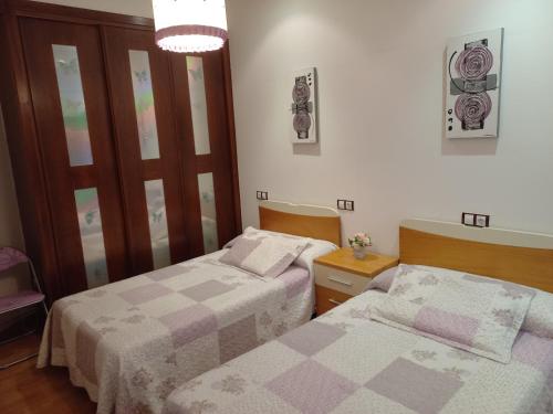 Un dormitorio con dos camas y una lámpara de araña. en O Lar de Sara, en Pontevedra