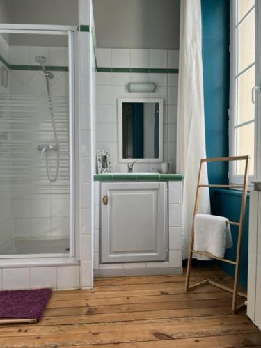ein Bad mit einer Dusche, einem Waschbecken und einem Spiegel in der Unterkunft Le Clos'art in Vinassan