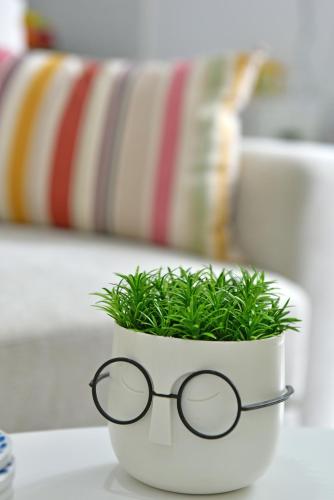 a potted plant with glasses sitting on a table at Olivo luxury apartment in Hydra