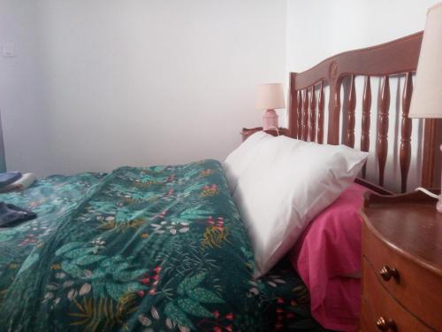 uma cama com um cobertor verde e uma almofada branca em Les deux pentes em Sausses