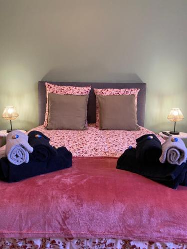 a bedroom with a pink bed with towels on it at Vernon, Le Donalice in Vernon