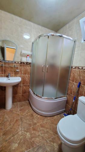 a bathroom with a shower and a toilet and a sink at Guest House Lazika in Sarpi