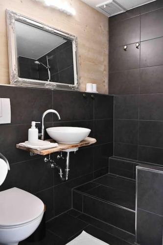 a bathroom with a sink and a toilet and a mirror at Chalet in Ühlingen-Birkendorf