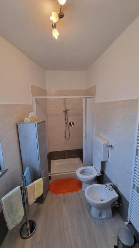 a bathroom with a toilet and a shower and a sink at Ca ed Giuanoto in Santo Stefano Belbo