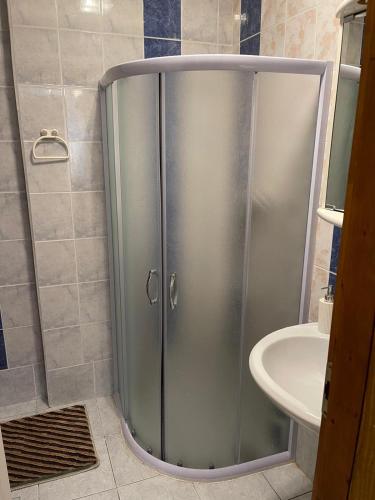 a shower stall in a bathroom with a sink at Apartman studio Lusi 1 in Subotica